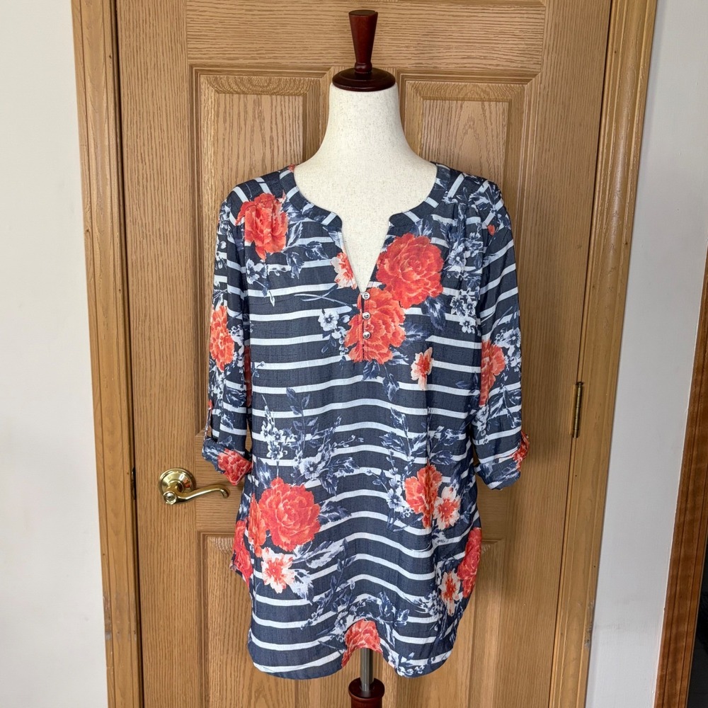 Fred David Women XL Floral Striped Tunic Blouse Roll Tab Sleeve Navy Orange Rose